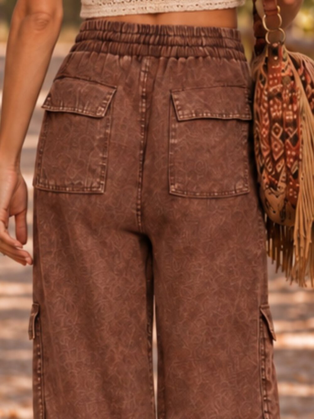 Zenana Outfitters Linen Blend Mahogany Mineral Wash Wide Leg Cargo Pants NWT - Picture 5 of 13